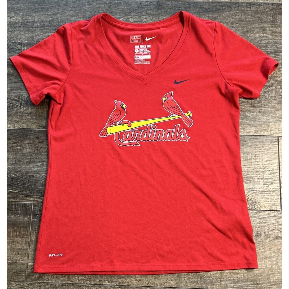 ST. LOUIS CARDINALS The Nike Tee Baseball T-Shirt DRI-FIT Red SS Womens L V-neck